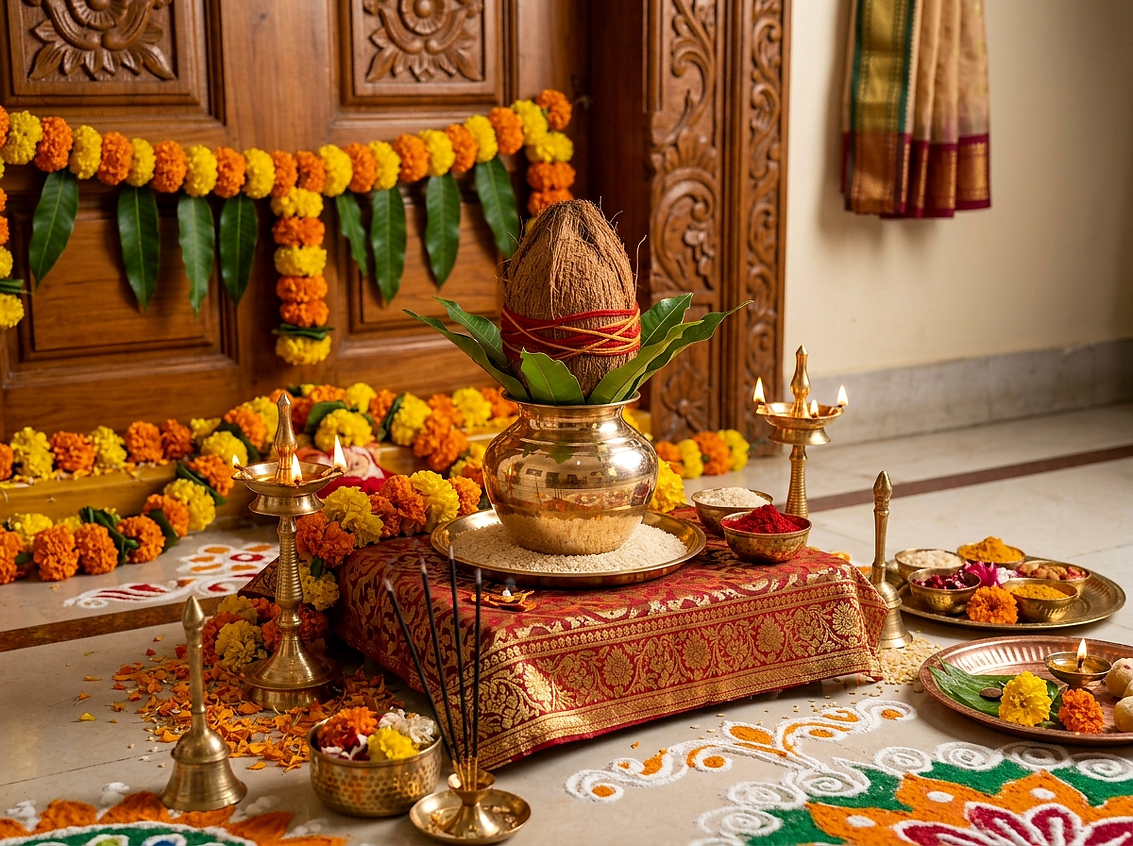 Auspicious Mangal Kalash Sthapana with coconut, mango leaves, and sacred mauli in Bangalore