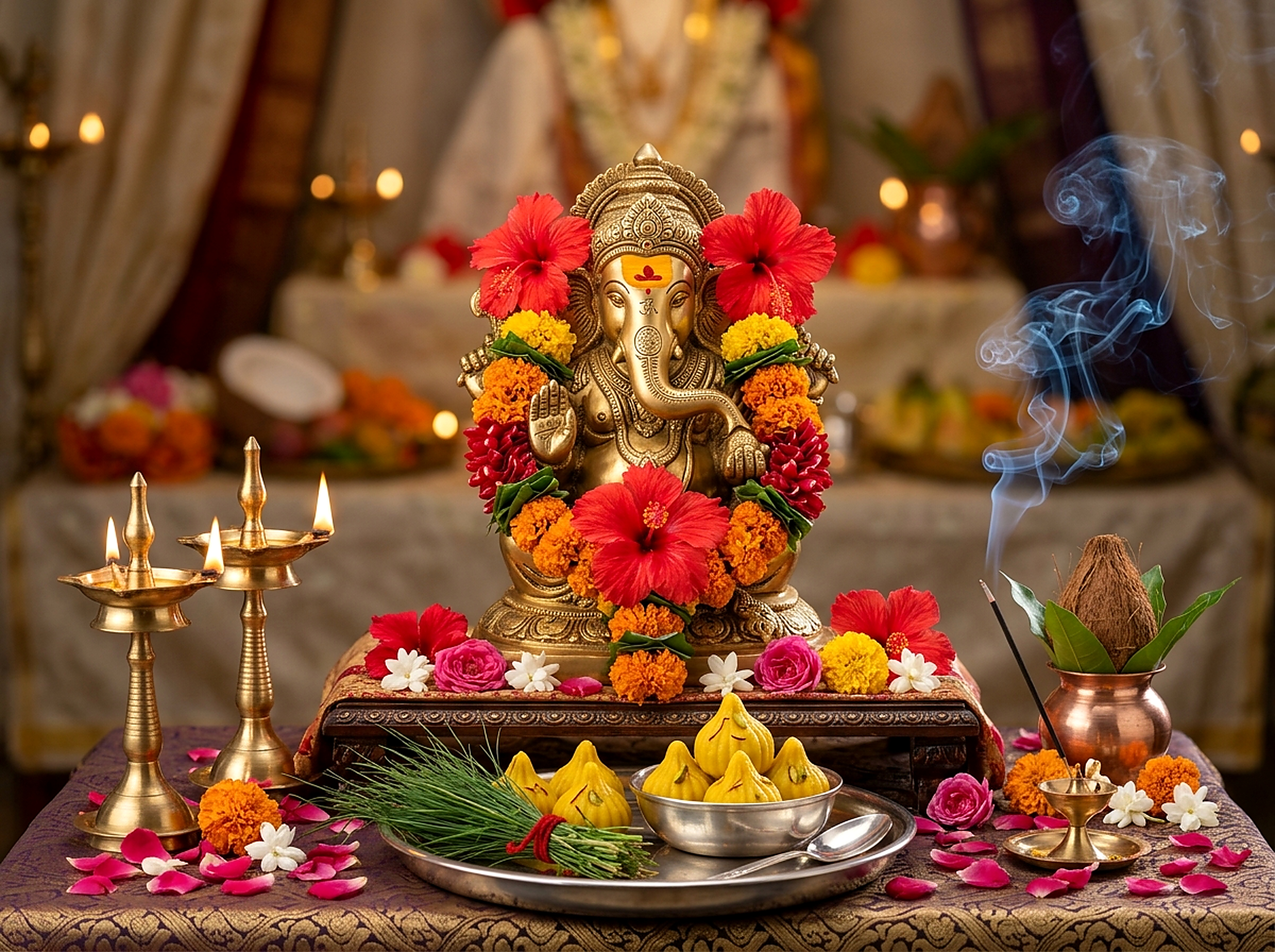 Lord Ganesha Puja ceremony with modak, durva grass, and Vedic mantras in Bangalore
