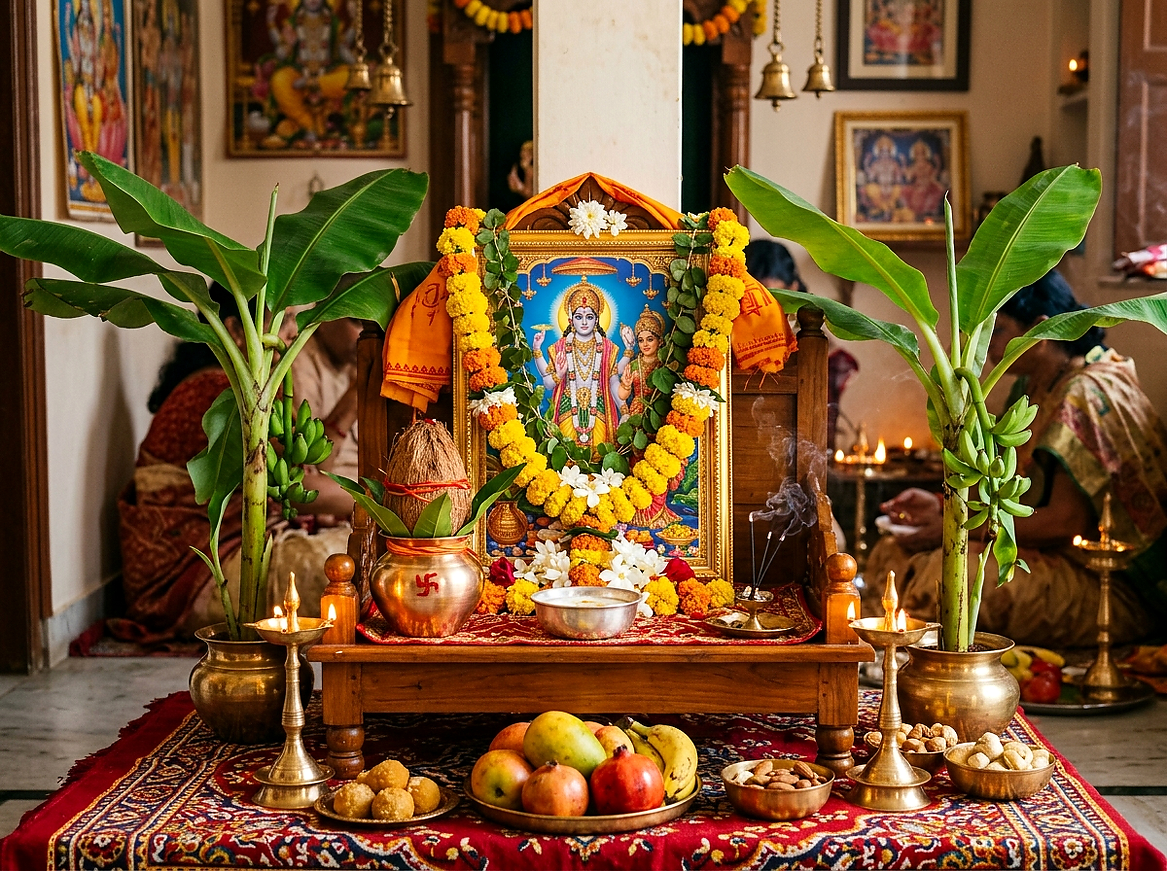 North Indian Pandit reciting Shri Satyanarayan Katha Puja with sacred prasad in Bangalore