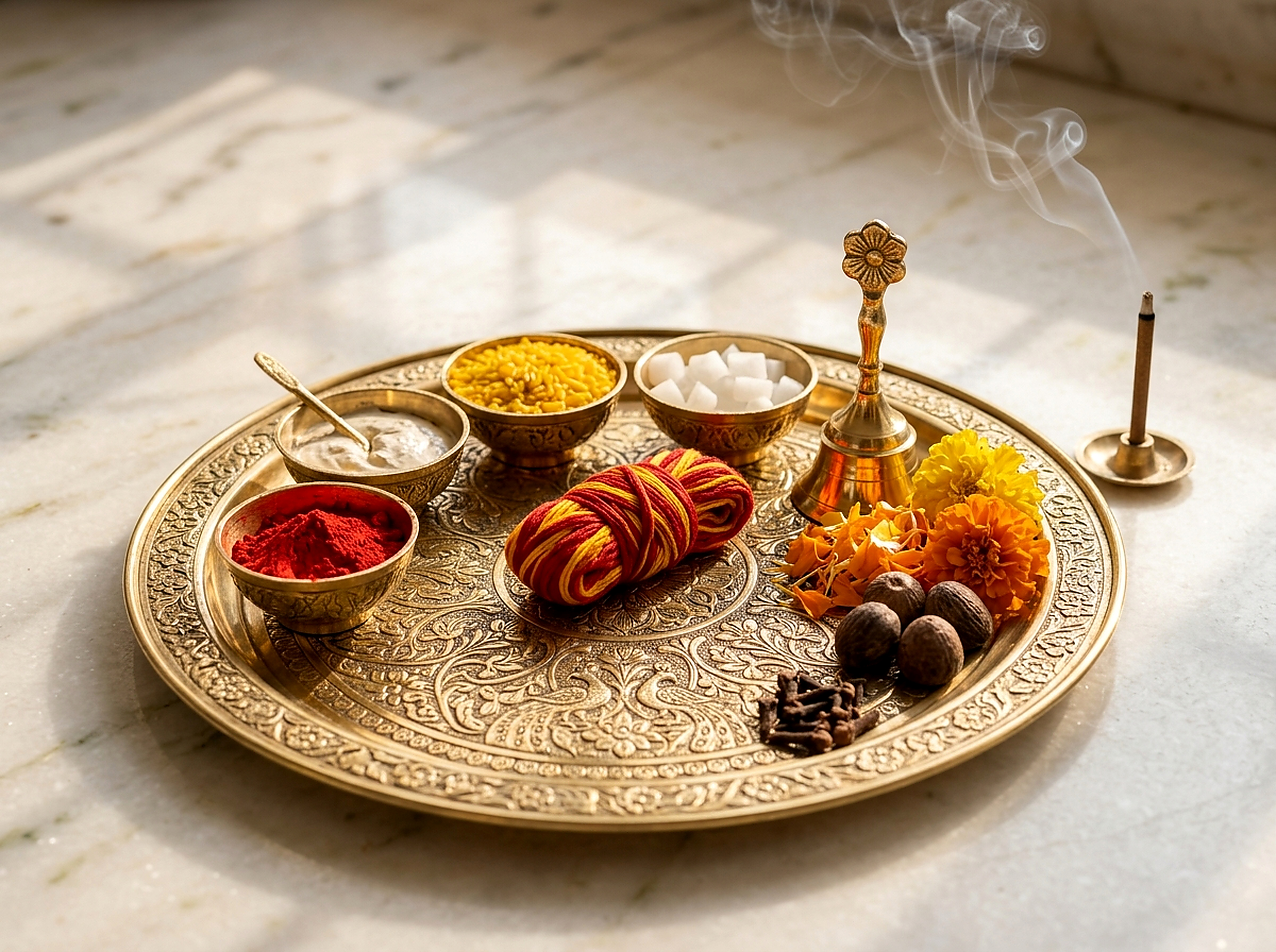 Complete 100% pure authentic Vedic Pooja Samagri Thali with brass diyas in Bangalore